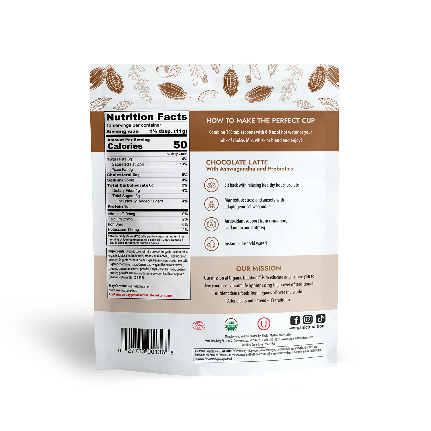 organic traditions chocolate latte with ashwanagdha and probiotics back of bag image