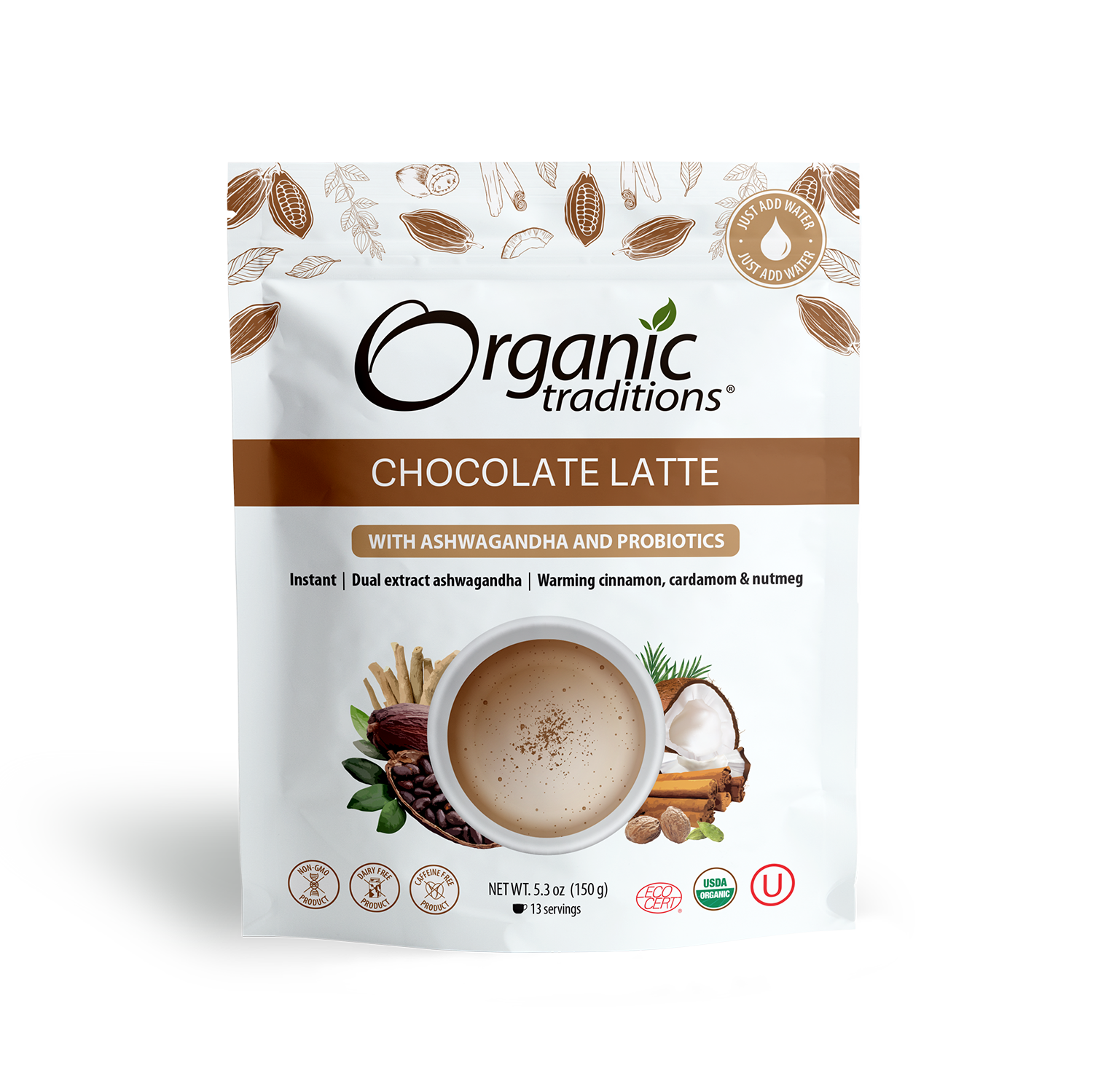 organic traditions chocolate latte with ashwanagdha and probiotics front of bag image