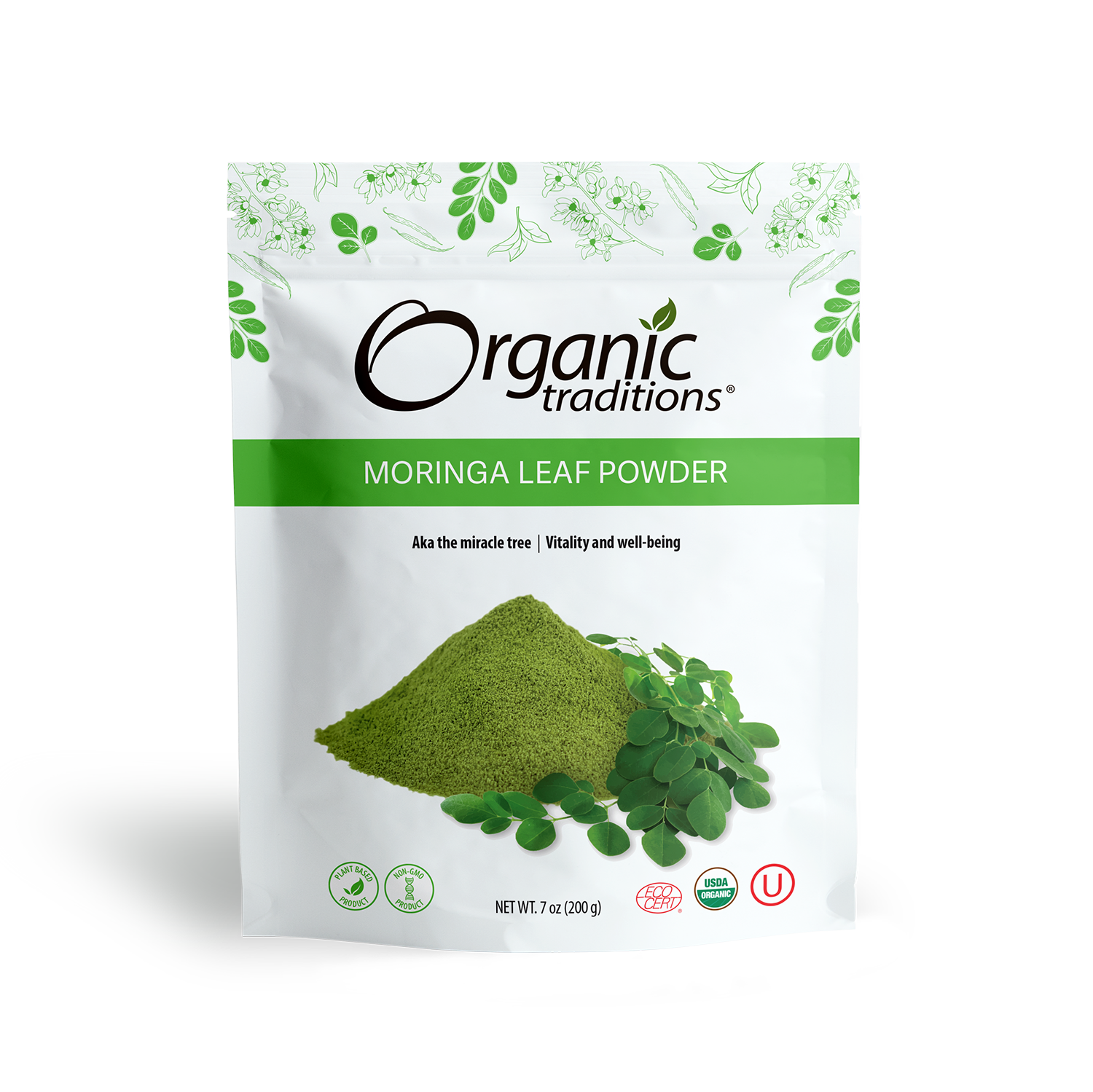 organic traditions moringa leaf powder front of bag image