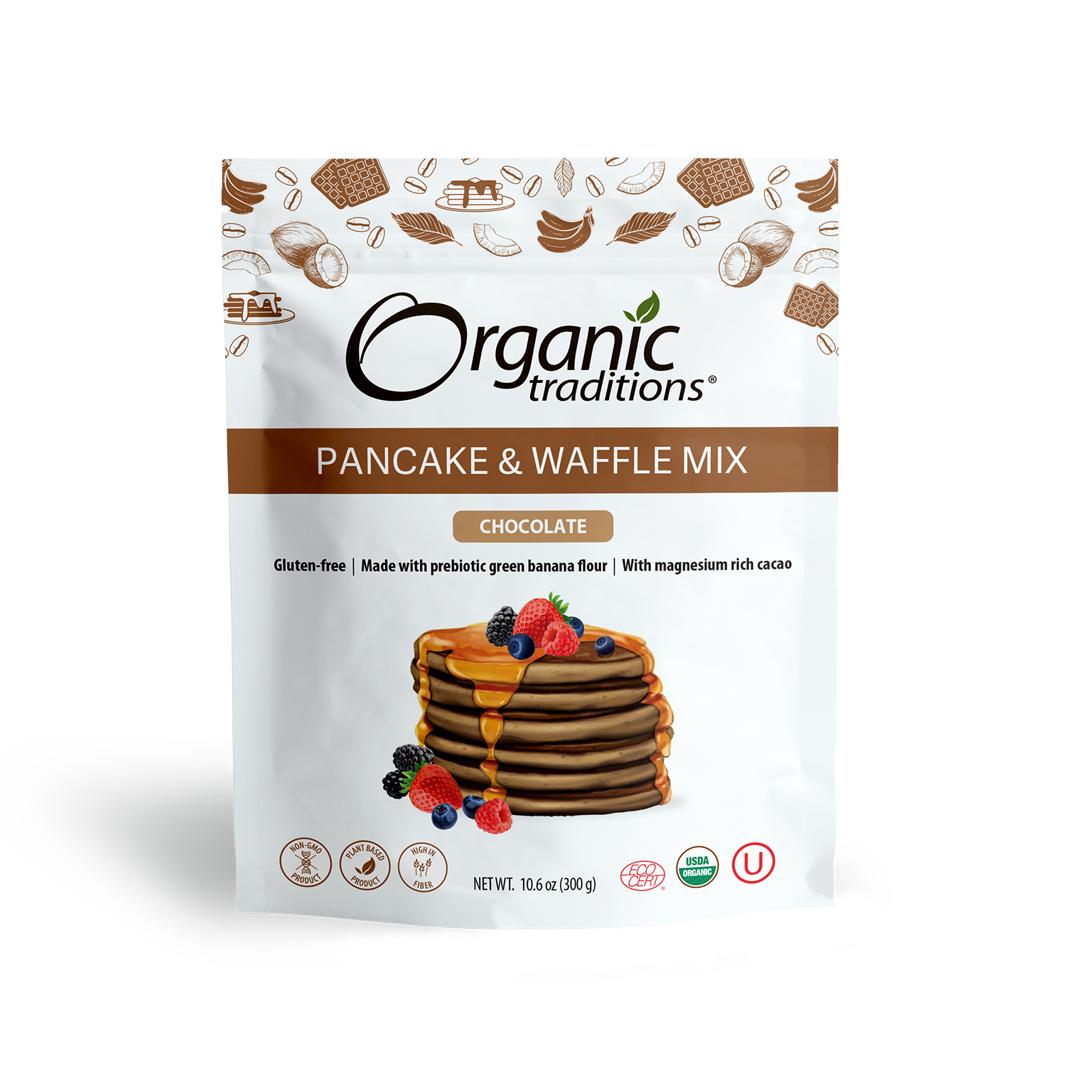 organic traditions chocolate pancake and waffle mix front of bag image