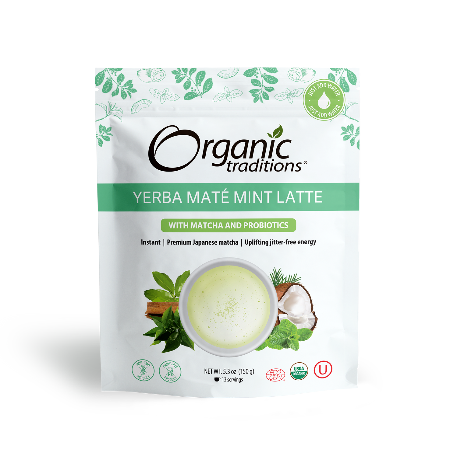 organic traditions yerba mate mint latte with matcha and probiotic front of bag image